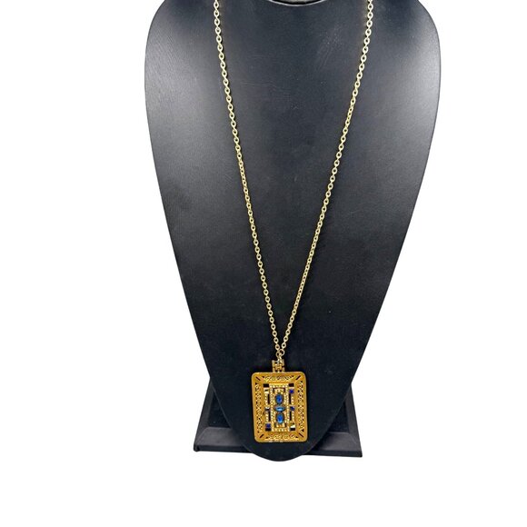 VTG Lidz Bros Blue Crystal Clear Rhinestone Filigree Square Pendant Chain Long N - Picture 2 of 6
